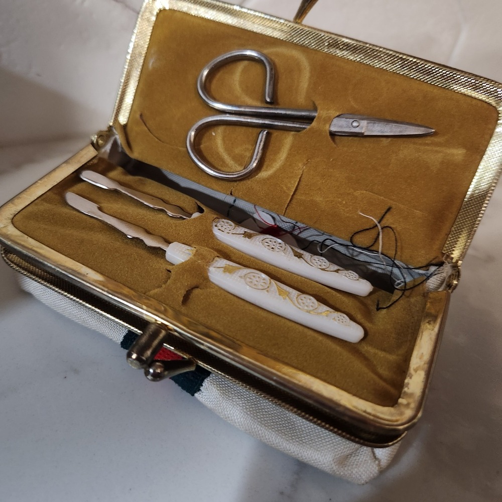 Vintage Vanity Set sewing Tools Etui Case Gold Trim Red Green Stripe
